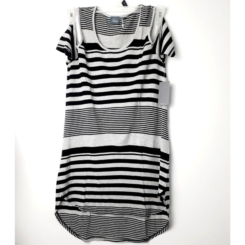 $40 Strazzi Black Grey Striped Hi-Low Hem Cold Shoulder Soft TShirt Dress NWT M